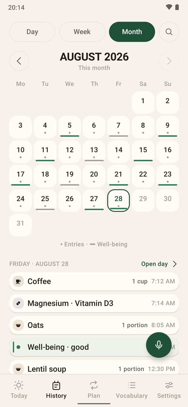 The month view for August 2026: a calendar grid where each day carries a dot for its entries and a bar for how you felt. Below it the entries of Friday, August 28.